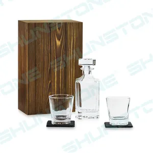 Custom Whiskey Decanter Gift Set with 2 Glass Slate Coasters Corporate Wooden Box Birthday Gifts Set For Men