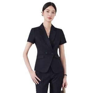 Women's Short Sleeve Suit Set Navy Blue <b>Wool</b> Blend Anti-Wrinkle Office Lady Summer Workwear Professional Formal Wear - Product Image 5