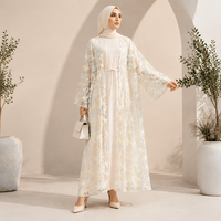 Nouvel ensemble de 3 pièces Abaya de luxe en dentelle brodée florale pour femmes, vêtements islamiques modestes de Malaisie pour l'Aïd avec hijab intérieur pour l'été