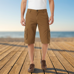 Shorts cargo en toile 100 % coton pour homme, taille élastique, multi-poches, décontracté, pour le travail, anti-UV, style urbain, marron kaki, été - Product Image 3
