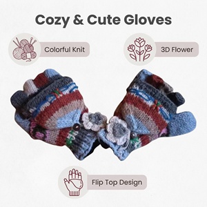 Guantes de punto con tapa abatible, diseño floral 3D colorido, suaves y cálidos, de medio dedo con cubierta de manopla - Product Image 3