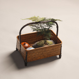 Bamboo woven four-legged handle <b>basket</b>, retro <b>storage</b> box, Kung Fu tea set, round desktop <b>storage</b> <b>basket</b>, snack <b>basket</b>, <b>large</b> - Product Image 2