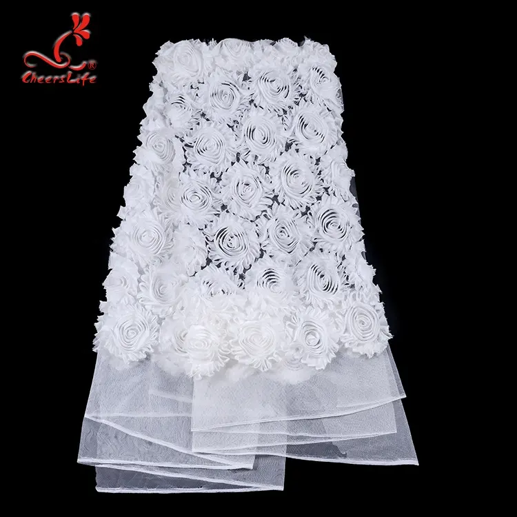 OEKO-TEXT Guangdong Putih Bunga Mawar 3D Poliester Kain Bordir Renda Saree Tulle Mesh Renda untuk Gaun Pernikahan Wanita