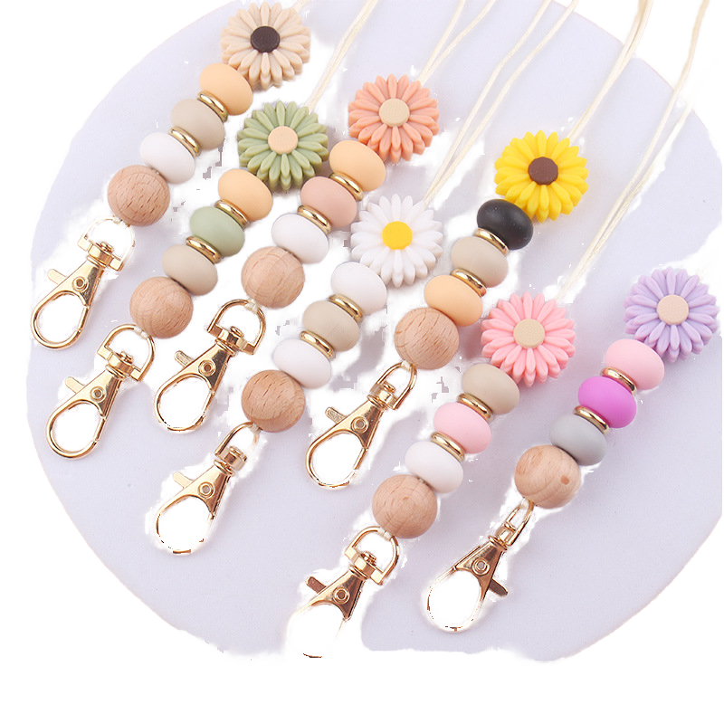 Bohemian Daisy Bead Keychain Badge Holder Cute Flower Silicone Key Ring Lanyard With Clip for Teachers Students Gift Idea Image 4