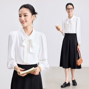 Women's White Long Sleeve Chiffon Shirt With <b>Tie</b> Neck Work Blouse Spring Autumn Formal Top Solid Color <b>Polyester</b> - Product Image 4