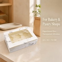 Boîte à dessert personnalisée en carton recyclé avec fenêtre transparente, accent doré et insert en éponge pour ensembles de biscuits, pâtisseries et gâteaux