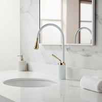 Robinet de salle de bain monotrou chaud/froid en laiton brossé or noir, style européen, avec cartouche céramique, bec de cygne orientable, à poser sur le plan.