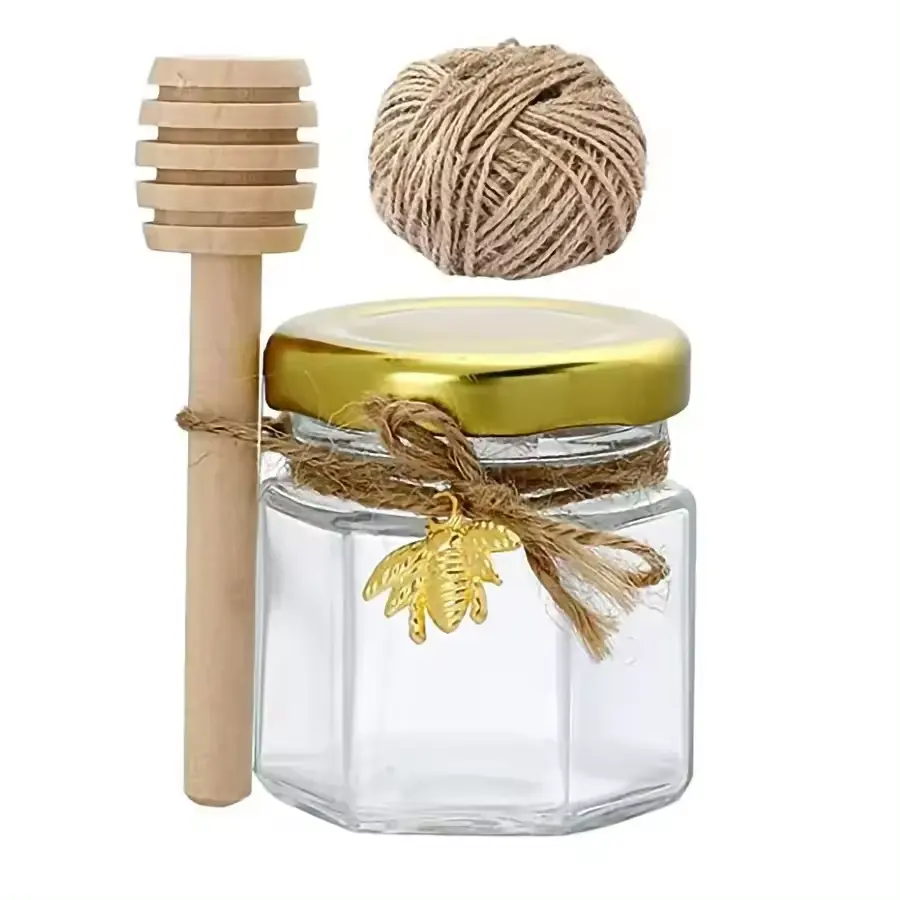 Mini tarro de miel Hexagonal de 50ml, cucharón de madera, cuerda de yute de abeja, botella de vidrio pequeña para favores y regalos de boda