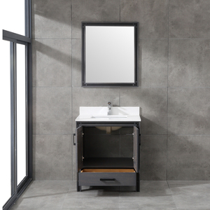 Mueble de Baño Industrial de Madera Maciza Oscura con Espejo, Mueble de Lavabo Independiente con Encimera de Cuarzo Blanco - Product Image 3