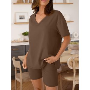 Womens Two Piece Lounge <b>Set</b> Short Sleeve V Neck Tops Shorts Matching Casual Spring Summer Outfits Breathable <b>Knitted</b> <b>Set</b> - Product Image 3