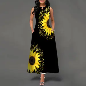Trending Top Selling Designs Lady Elegant Big Size 5XL Dresses Casual Sleeveless Print Sunflower Dress