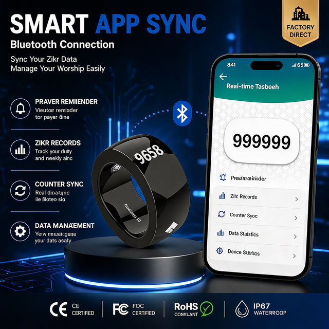 Islamic Prayer Tasbeeh Ring Multifunctional Smart Ring Alarm Clock App Control Long Battery Life Stainless Steel Magnetic