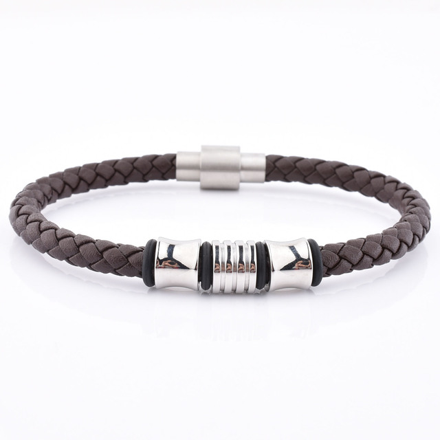 European American Popular Genuine Leather Woven Charm Bangle Exquisite 316L Stainless Steel Unisex Wedding Accessories Bracelet