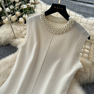 Robe d'été style célébrité, col rond perlé, sans manches, tricotée ajustée, pour femme, tendance, avec empiècements de couleur, style français - Product Image 4