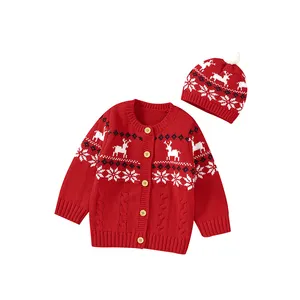 Hot Sale mimixiong Knit Christmas Pattern Baby Sweater Coat Newborn Clothing With Hat Clothes Set