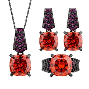 Wholesale Eco-friendly Copper Black Gold Plated 14-12MM Orange Red Zircon Pendant Earrings <b>Ring</b> Set Ladies Fashion Jewelry Set - Product Image 1
