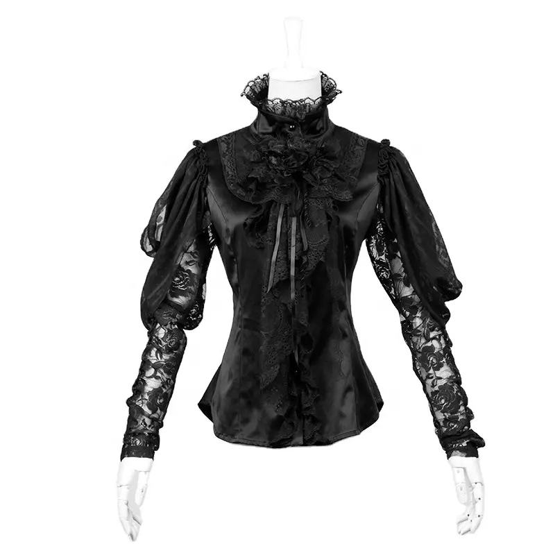 Punk Rave Y-411 Gothic Black Lace 3D Floral Collar Embroidered Rose Back Elegant Long Sleeve Blouse Women Vintage Shirt