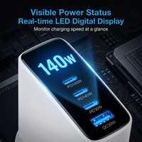 Chargeur rapide GaN 140W PD3.1 avec affichage numérique, adaptateur secteur USB-C PD USB-A QC pour ordinateur portable de jeu, téléphone, tablette, logo personnalisé OEM