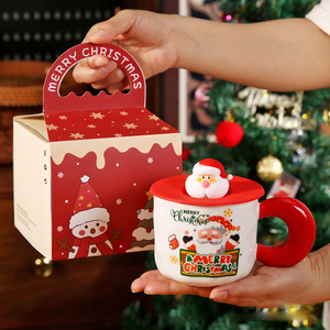 Excellent <span class=keywords><strong>Prix</strong></span> Tasse à Café en Céramique et Porcelaine Mignonne de Noël 400 ml, Cadeau, Mugs de Noël en Céramique Rouge Vert Cartoon avec Couvercle Père Noël - Product Image 1