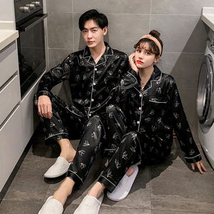 Venta al por mayor Piyamas Unisex Pijamas de manga larga Pijamas de seda de imitación Hombre Homewear Mujeres Pareja <span class=keywords><strong>Pijama</strong></span> Conjunto de dos piezas - Product Image 4