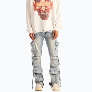 Custom Baggy Mens Cargos Work Multi-Pockets <b>Flare</b> Denim Jeans <b>Sequin</b> Cargo Pants Manufacturer for Men - Product Image 2