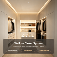 Système de dressing moderne en bois sur mesure, armoire haute sans poignée laquée blanche avec éclairage LED central