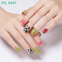 24 autocollants carrés pour ongles, motif vache + dégradé vert fruité, blocs de couleur, faux ongles à presser pour doigts courts, faciles à poser