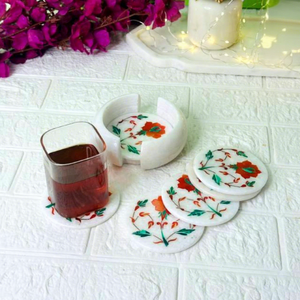 Sous-verre en pierre naturelle de luxe incrustation de marbre magnifiquement colorée pour café Bar dîner café thé tasse vin Design Floral coffret cadeau - Product Image 1