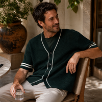 Cardigan en tricot ajouré décontracté d'été à manches courtes avec logo personnalisé pour homme, style chemise de baseball en crochet, vente en gros
