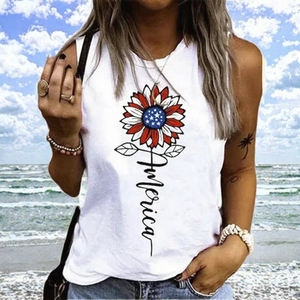 <b>Women</b> <b>White</b> Sunflower Flag Print Tank <b>Top</b> O-Neck Sleeveless Knitted Casual Summer <b>Vest</b> Front Logo Floral Pattern - Product Image 3