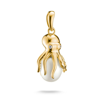 Collier pendentif pieuvre en laiton plaqué or avec perle naturelle et zircon, bijou animal marin, collier statement inspiré de l'océan