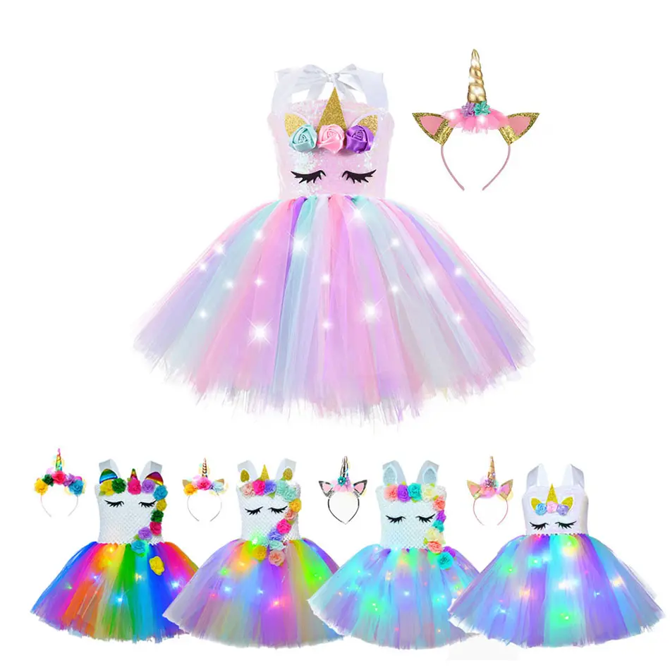 Rainbow Unicorn Dress Led Light Flower Birthday Party Tutu Kids Toddler Clothing Princesses Girls Dresses 2-12