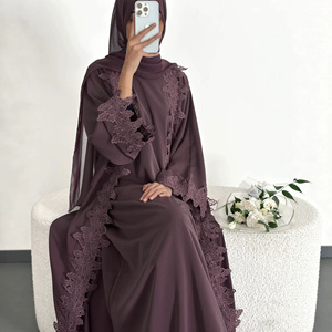Abaya marron en dentelle brodée, robe musulmane à manches longues, robe traditionnelle pour tous les jours - Product Image 3