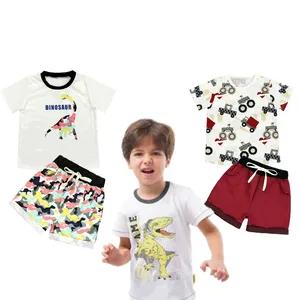 Phong cách mới 2024 bé trai dễ thương khủng long in Ngắn Tay Áo T-shirt và quần short thiết lập tùy chỉnh patters