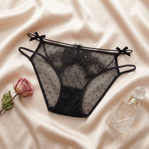 Culottes en dentelle à pois noirs pour femmes, avec double fines bretelles et nœud décoratif, taille basse, transparentes et sexy, vente en gros - Product Image 3