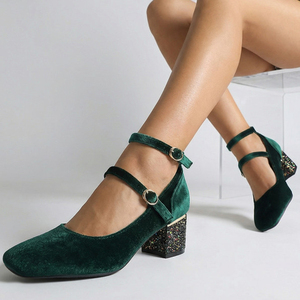 Low Chunky <b>Glitter</b> Heels Women Square Toe Shoes Basic Big Size 45 Dress office Shoes Double Strap Buckles Suede Working Pumps - Product Image 1