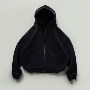 Sweat à capuche court 100 % coton avec fermeture éclair, logo personnalisé, double fermeture éclair, en molleton bouclette noir - Product Image 1