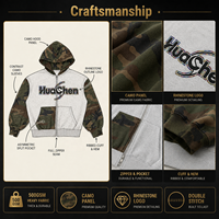 Zweifarbiger Camouflage-Patchwork-Hoodie für Herren Heather-Grau Reißverschluss-Kapuzenjacke mit Strass-Logo Streetwear Lässige Passform Maßgeschneiderte Private Label Jacke