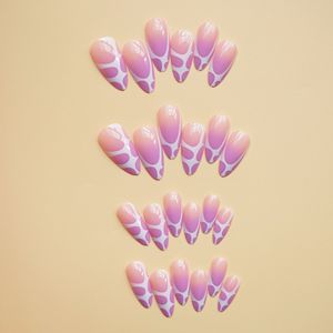 <span class=keywords><strong>Uñas</strong></span> Postizas Lavanda Morado con <span class=keywords><strong>Estampado</strong></span> <span class=keywords><strong>de</strong></span> <span class=keywords><strong>Vaca</strong></span>, Largas, Almendradas, Base Nude con Diseño <span class=keywords><strong>de</strong></span> Punta Francesa Blanca, Brillantes, Reutilizables, Venta al por Mayor - Product Image 3