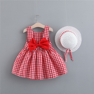Abito per bambina stampa Plaid Bow Summer Princess Party Dress Infant Toddler Clothes Newborn Baby Dress + Hat 2pcs Set di abbigliamento per bambini - Product Image 1