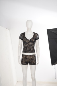 Women Black Lace Two Piece <b>Set</b> V Neck Wrap Front Short Sleeve Top High Waist Shorts Sexy Sheer Bodycon Street Wear - Product Image 6