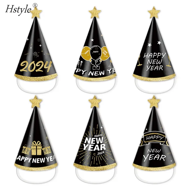 Topi kertas emas hitam Tahun Baru 2024 topi Prop Foto Pesta tahun baru anak-anak dekorasi Natal Selamat Natal untuk rumah SD029