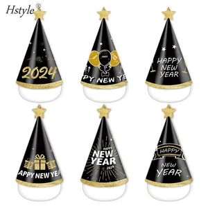 2024 해피 뉴 이어 블랙 골드 종이 모자 어린이 신년 파티 사진 소품 모자 메리 크리스마스 장식 홈 SD029