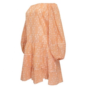 Peach Floral Print Elegant off Shoulder Bohemian Layer Dress with Small Scallop Trim Puff Sleeve 100% Cotton Party Wear Short - Product Image 5