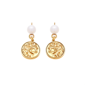 Fashion Drop <b>Earrings</b> Gold Plated 316L Stainless Steel Coin Pendant With White Bead Studs - Product Image 2