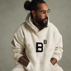 Felpa con Cappuccio in Pile Grigio Avena con Stampa Lettere ABC, Stile Europeo Americano, Collezione Invernale <span class=keywords><strong>Settima</strong></span> Stagione, Unisex, Vestibilità Ampia, con Tasca, di Alta Gamma - Product Image 3