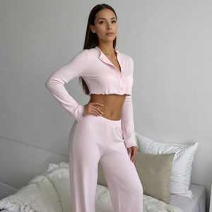 Pigiama da donna a 2 pezzi in maglia a costine tinta unita con volant, completo casual con bottoni per il tempo libero - Product Image 3
