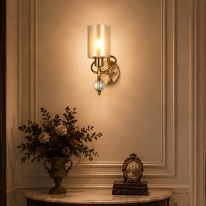 Lucienne Brushed Brass Wall Sconce Amber Cylinder Glass Crystal Finial Villa Bedroom Decor Lamp - Product Image 4