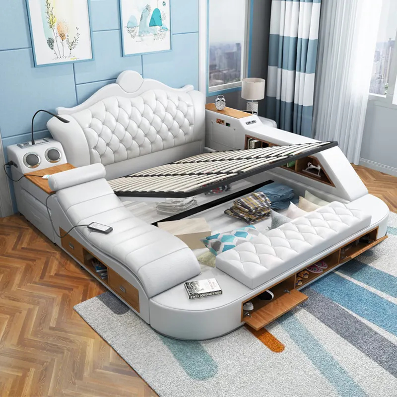 多機能高級スマートベッドルーム収納寝具セット木製クイーン無垢材ベッドキングサイズフレーム付きダブルベッド寝具セット