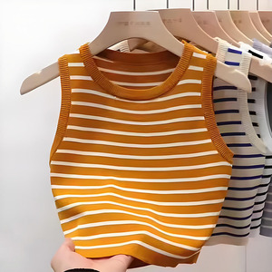 Gilet Estivo da Donna con Scollo a O <span class=keywords><strong>Senza</strong></span> Maniche a Righe, Gilet in Maglia Slim Monocolore Casual Quotidiano da Donna Versatile - Product Image 3